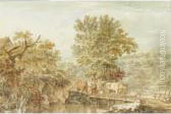 A Wooded Landscape With A Milkmaid Escorting Her Herd Of Animals Across A River Oil Painting by Jacob Cats