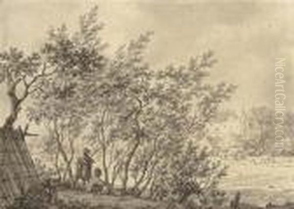 Two Figures In A Copse Watching A Bird Trap, A Castle Beyond Oil Painting by Jacob Cats