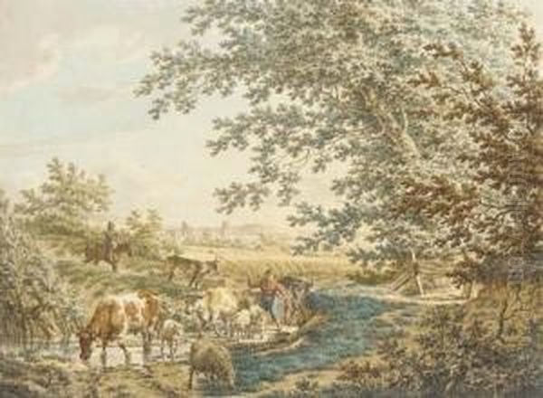 Cattle At A Pond In A Landscape;
 And A Woman With Cattle Crossing Abridge In An Extensive Landscape Oil Painting by Jacob Cats