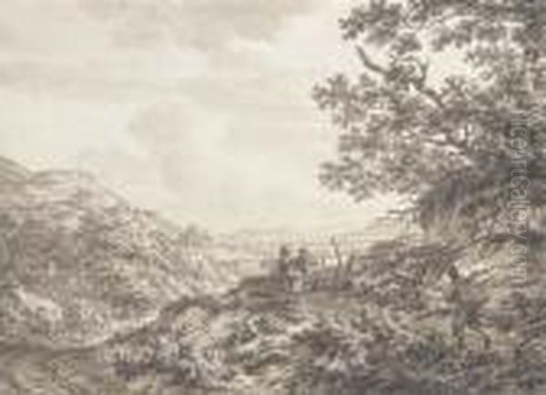 An Extensive Hilly Landscape With Figures Carrying Baskets, Acarriage On A Road Oil Painting by Jacob Cats