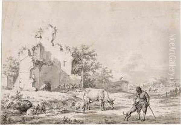 Landscape With A Peasant, His Dog And His Flocks By Ruins Oil Painting by Jacob Cats