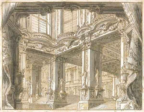 The courtyard of a palace, for a theatrical set Oil Painting by Giuseppe Galli Bibiena