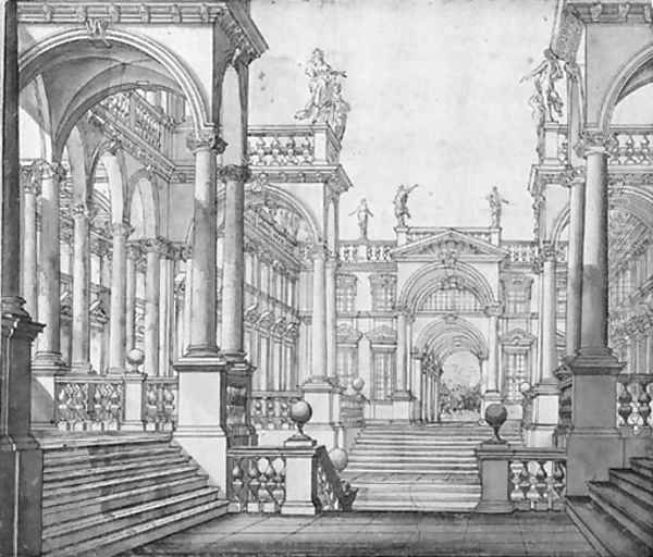 The courtyard of a palace with porticos surmounted by statues design for the stage Oil Painting by Giuseppe Galli Bibiena