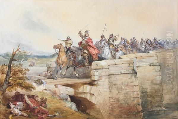 Cavalry Charging Across A Stone Bridge Oil Painting by Charles Cattermole