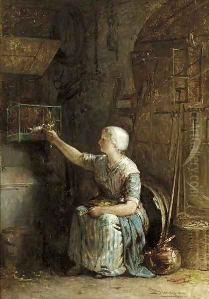 Feeding the bird Oil Painting by Hendricus Johannes Burgers