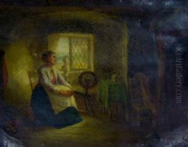 Woman Spinning Wool In A Coastal Cottage Oil Painting by Charles Cattermole