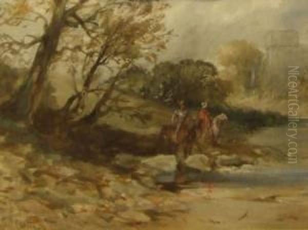 Wooded River Landscape With Knights On Horseback Oil Painting by Charles Cattermole