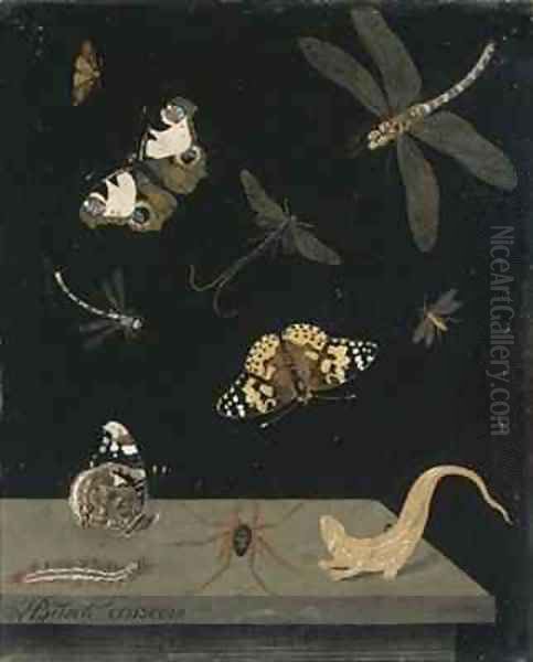 Scagolia panel with insects and a salamander Oil Painting by Hendrik Busch