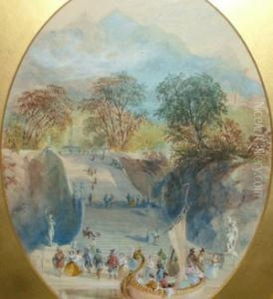 Figures In Fancy Dress, Arriving
 At A Ball In Anitalianate Landscape And Figures By A Walled European 
Town Oil Painting by Charles Cattermole