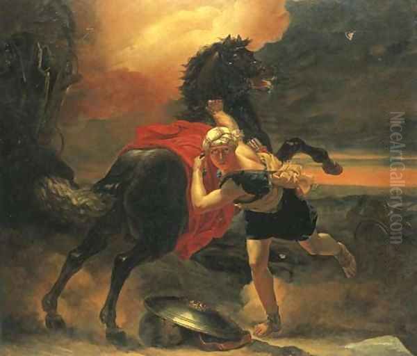 A turbanned soldier steadying a rearing horse frightened by a thunder storm Oil Painting by Henri Baudot