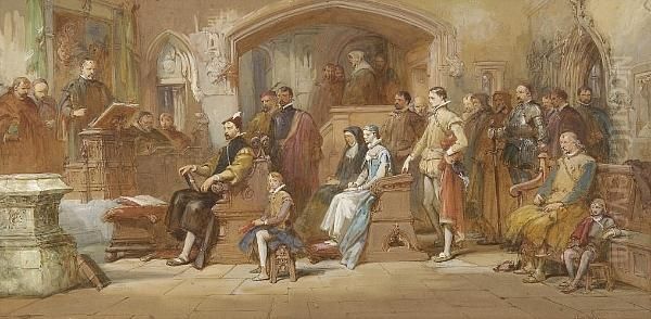 Figures Attending A Church Sermon Oil Painting by Charles Cattermole