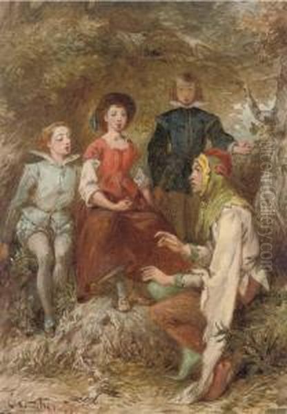 A Court Jester With A Captive Audience Oil Painting by Charles Cattermole