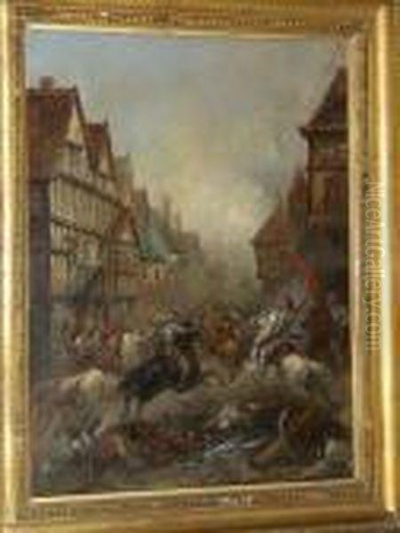 Cavalry Skirmish In A Town Oil Painting by Charles Cattermole