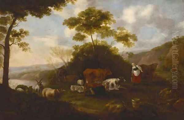 Milkmaids with cattle in a landscape Oil Painting by Jacob Gerritsz. Von Bemmel