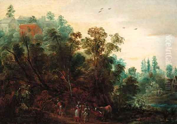 A wooded landscape with travellers on a path Oil Painting by Jacques Backereel