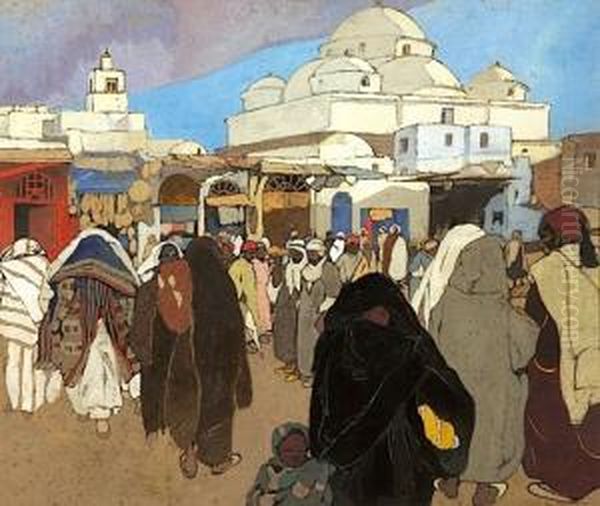 Place Bab-souika A Tunis Et La Mosquee Sidi Mahrez (tunis) Oil Painting by Leon Cauvy