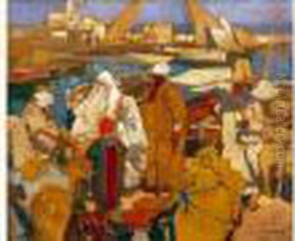 Scene Animee Sur Le Port De L'amiraute D'alger . Oil Painting by Leon Cauvy