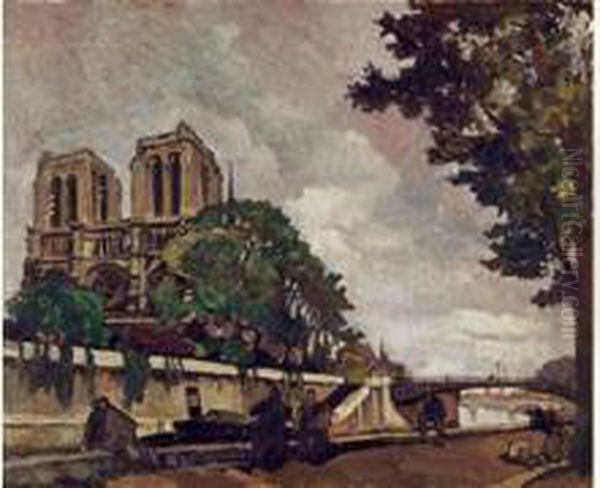 Notre Dame De Paris, Vue Des Quais. Oil Painting by Leon Cauvy