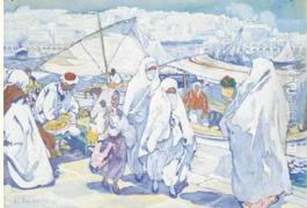 Scene Animee Sur Le Port D'alger. Oil Painting by Leon Cauvy