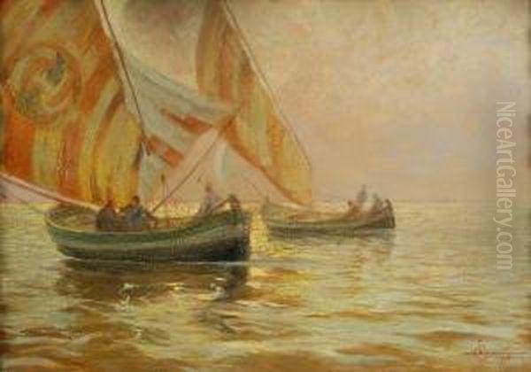 Marina Al Tramonto Con Pescatori Oil Painting by Ludovico Cavaleri