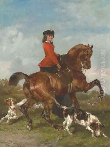 An Elegant young Lady out Hunting with Hounds Oil Painting by John Lewis Brown