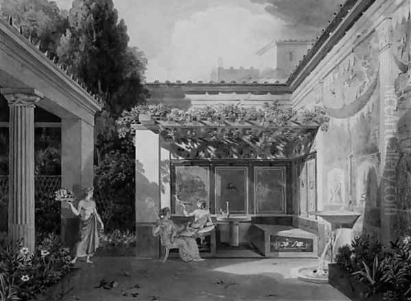 Figures resting in the courtyard of a Roman villa Oil Painting by Jules Frederic Bouchet