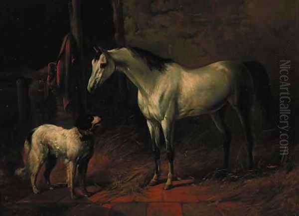 A grey hunter with a dog in a stable Oil Painting by Karl Frederik Bombled