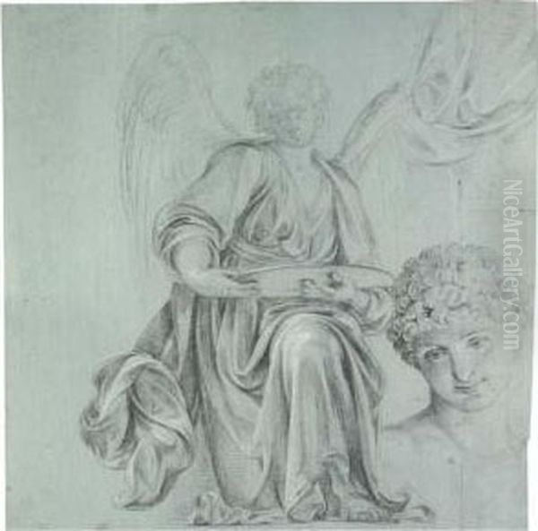 A Kneeling Angel Presenting A Salver, With Subsidiary Studies Of His Head And Drapery Oil Painting by Antonio Cavallucci