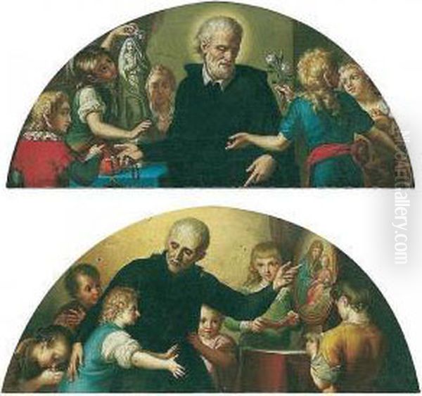 A Priest Holding A Rosary, Surrounded By Children Oil Painting by Antonio Cavallucci