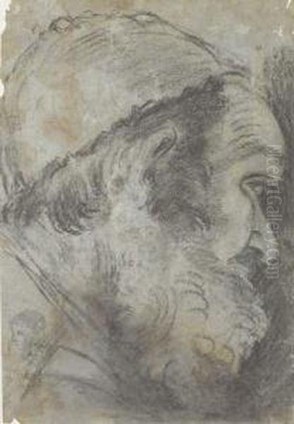 Head Of A Bearded Man In A Cap, 
In Profile To The Right, With Astudy Of Another Head In The Lower Left 
Corner Oil Painting by Giacomo Cavedone