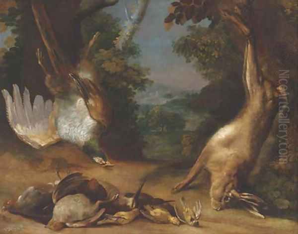 A dead hare and pheasant with partridge Oil Painting by Peter Von Bemmel