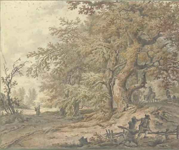 A forest with a traveller on a horse, a woman carrying a basket Oil Painting by Pieter Barbiers