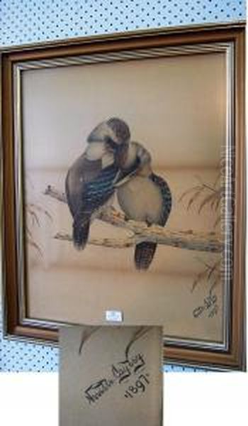 Two Kookaburra's Snuggling On A Branch Oil Painting by Neville Henry P. Cayley