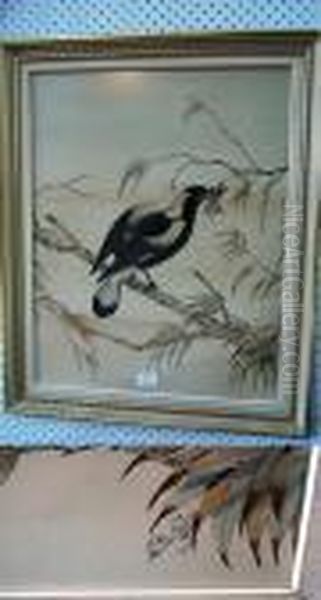 Magpie And Grasshopper On A Branch Oil Painting by Neville Henry P. Cayley