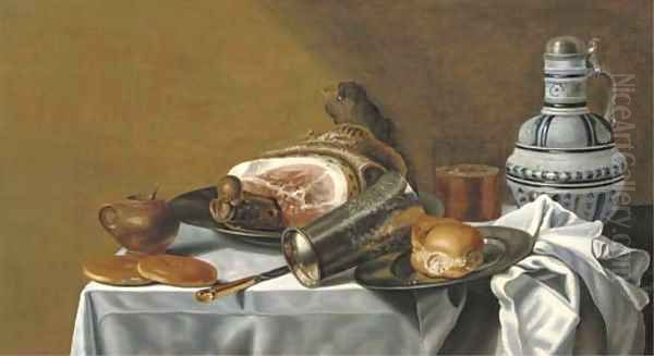 A ham and a bread roll on pewter plates Oil Painting by Pieter Van Berendrecht