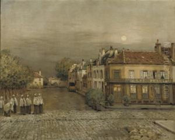 Effet De Lune: On A Village Square Oil Painting by Jean-Charles Cazin