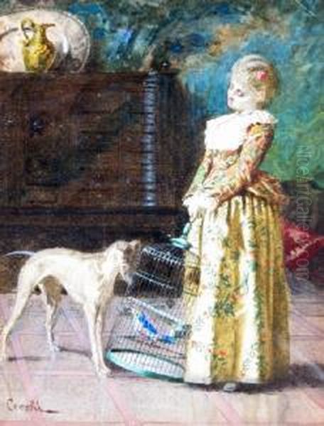 Woman Withbirdcage And Greyhound In An Interior Oil Painting by Adriano Cecchi