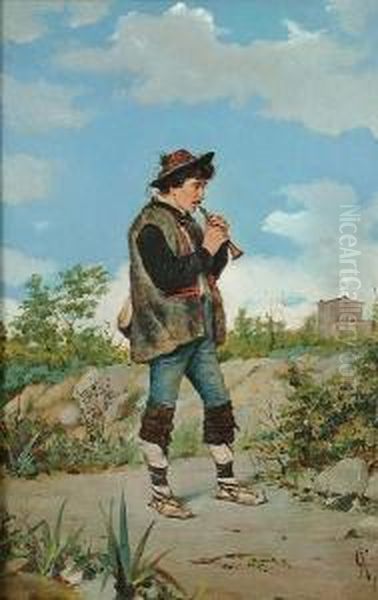 An Italian Peasant Playing An Oboe Oil Painting by Adriano Cecchi