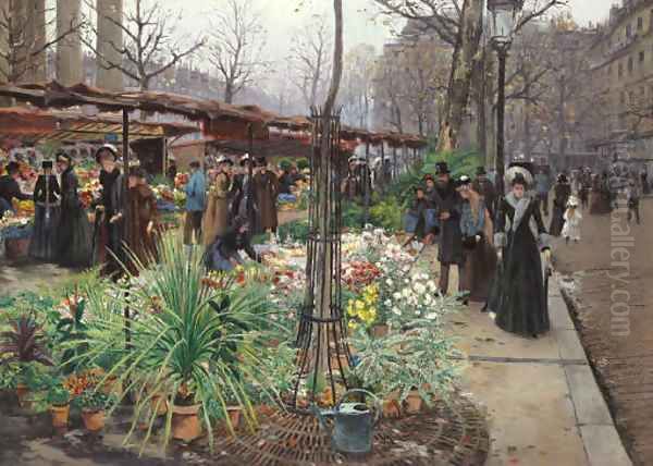 A Flower Market, Paris Oil Painting by Victor Barvitius