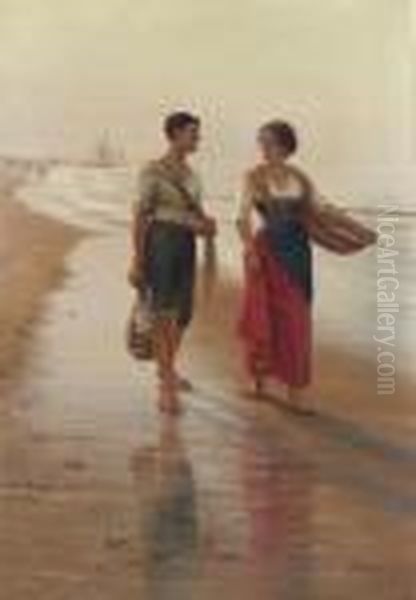 A Walk On The Beach Oil Painting by Pasquale Celommi