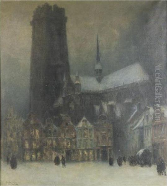 Mechlin City View In Winter With Saint Rombout Tower Oil Painting by Julien Celos