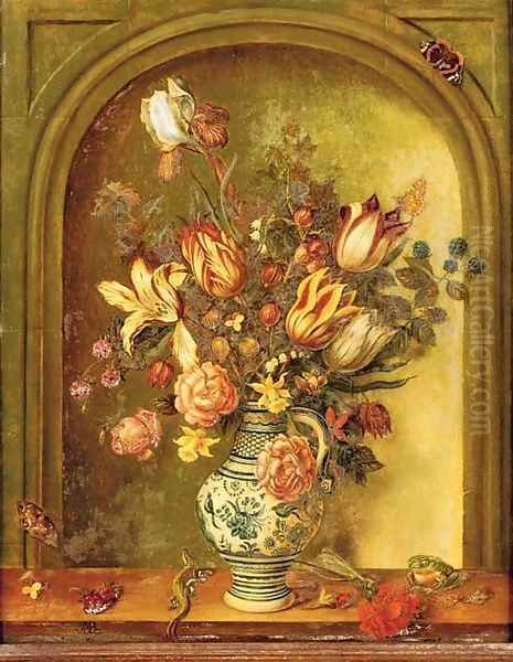 Tulips, roses, lilies and other flowers with blackberries and gooseberries in a porcelain vase Oil Painting by Johannes Baers