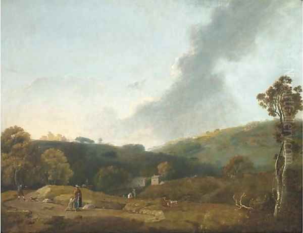 Figures in a landscape with a farmhouse beyond Oil Painting by Joseph Browne