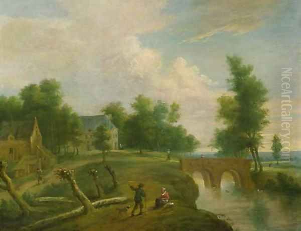 A traveller conversing with a peasant woman on a riverbank by a footbridge, farmhouses beyond Oil Painting by Marc Baets