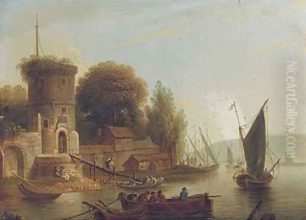 A river landscape with fisherman, a walled town beyond Oil Painting by Marc Baets