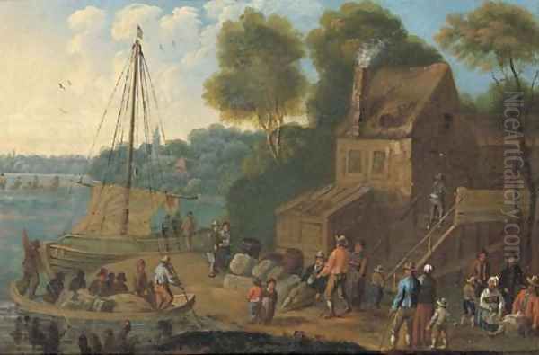 A river landscape with merchants unloading boats and other figures in the foreground Oil Painting by Marc Baets