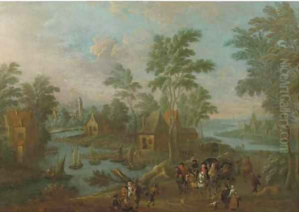 A river landscape with a carriage, horsemen and travellers on a path in a village Oil Painting by Marc Baets