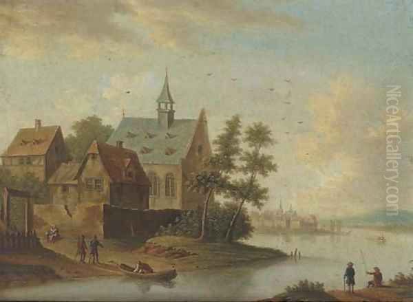 A river landscape with a village and anglers Oil Painting by Marc Baets