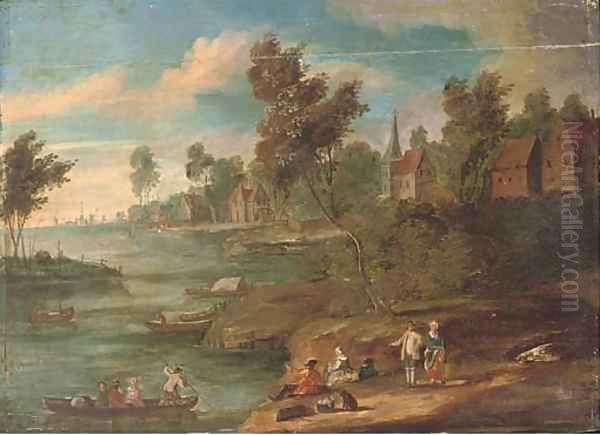 A river landscape with figures at rest on the river bank, a town beyond Oil Painting by Marc Baets