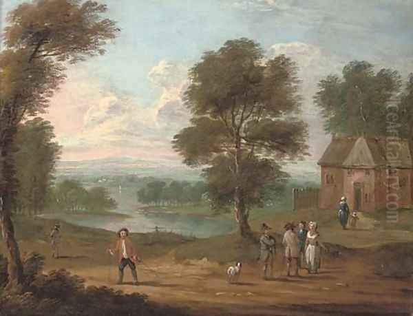 A river landscape with figures on a track, a cottage beyond Oil Painting by Marc Baets